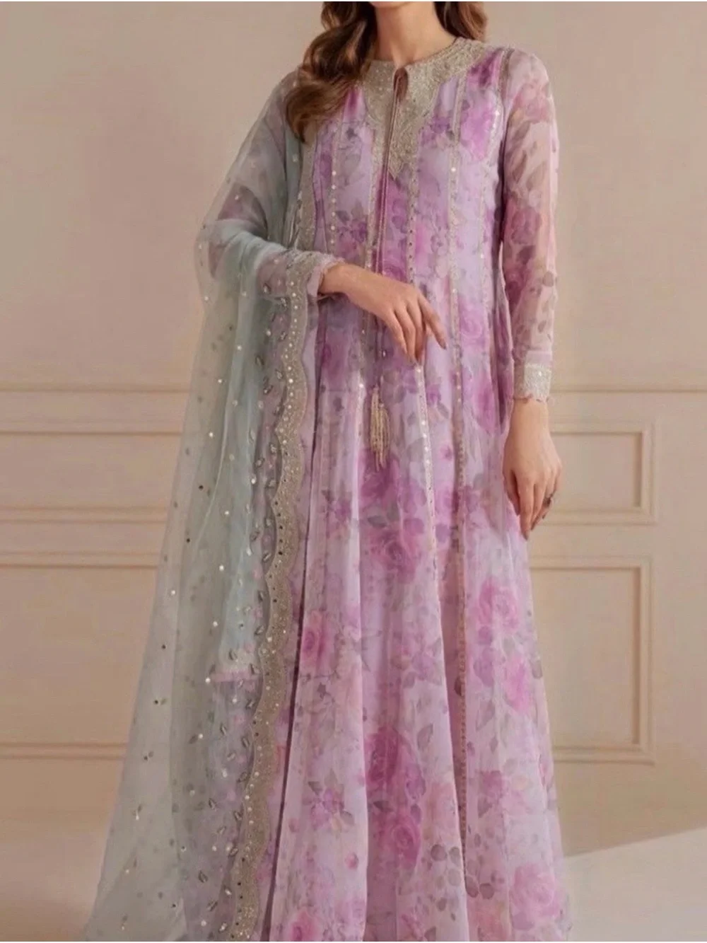 Elegant Lilac Floral Maxi Dress with Sheer Scarf